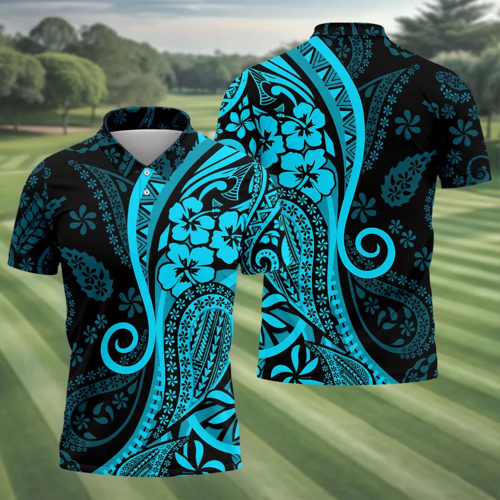Island Tribal Golf Shirt, Blue Hawaiian Hibiscus Polo, Polo Shirts For Men