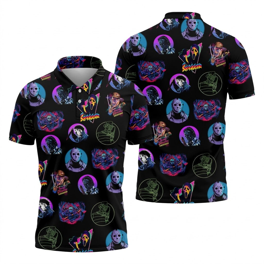 Funny Horror Character Men's Golf Shirt, Horror Character Neon Shirt, Halloween Golf Shirt, Men's Halloween Shirts