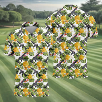 Tropical Pineapple Rifle Golf Shirt, Hawaiian Tactical Print, Golf Shirts For Men