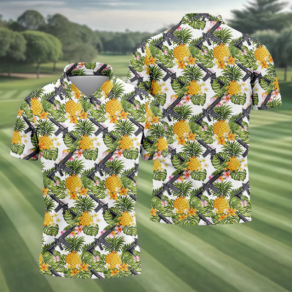 Tropical Pineapple Rifle Golf Shirt, Hawaiian Tactical Print, Golf Shirts For Men