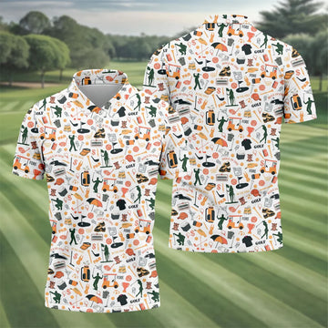 Golf Equipment Cart Ball Pattern Polo Shirt, Mens Golf Polo, Printed Golf Shirts
