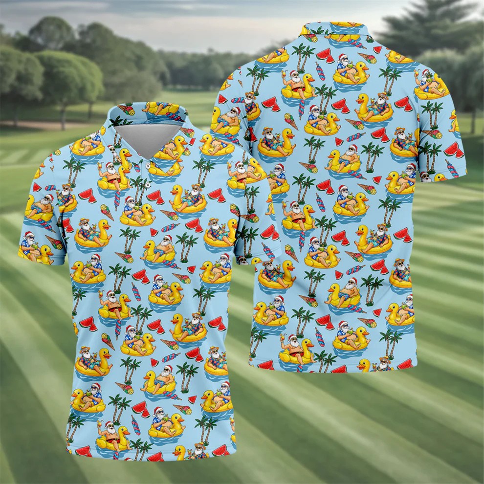 Men's Santa Duck Pool Float Hawaiian Golf Shirt, Christmas Golf Shirt, Golf Apparel For Men
