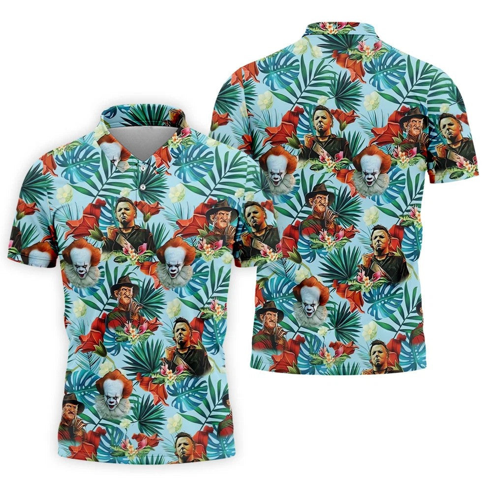 Tropical Horror Character Hawaiian Golf Shirt, Mens Golf Polo, Halloween Golf Shirt