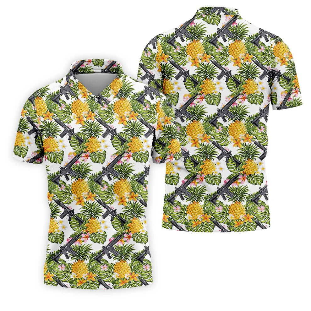 Tropical Pineapple Rifle Golf Shirt, Hawaiian Tactical Print, Golf Shirts For Men