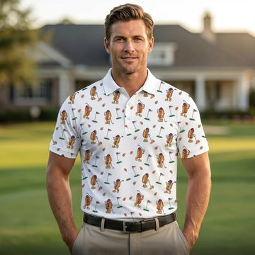 Funny Hot Dog Golfing White Polo Shirt - Patriotic USA Flag Pattern Men's Golf Shirt, 250th Anniversary All-Over Print