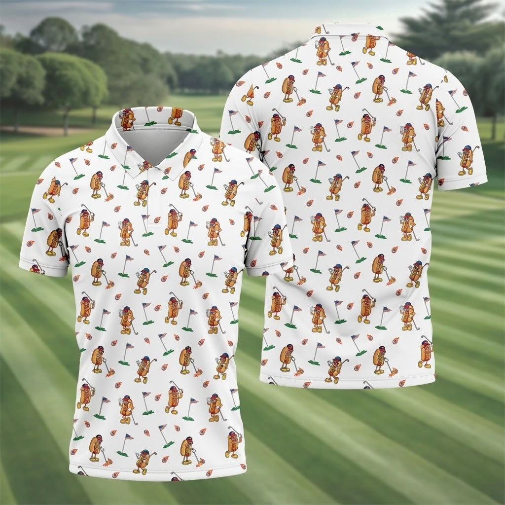 Funny Hot Dog Golfing White Polo Shirt - Patriotic USA Flag Pattern Men's Golf Shirt, 250th Anniversary All-Over Print