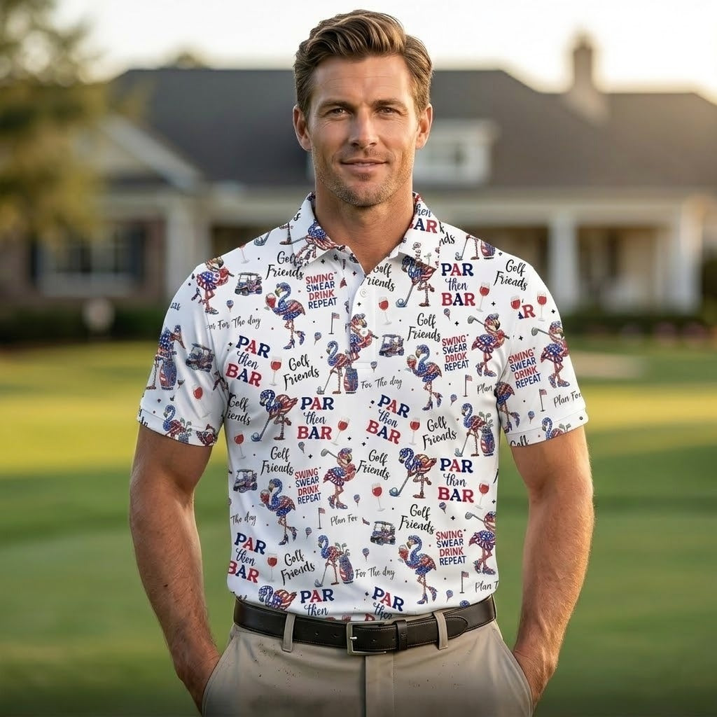 Funny Flamingo Patriotic Golf Polo Shirt - Par Then Bar Men's White Golf Shirt, 4th of July Drinking Flamingo Pattern