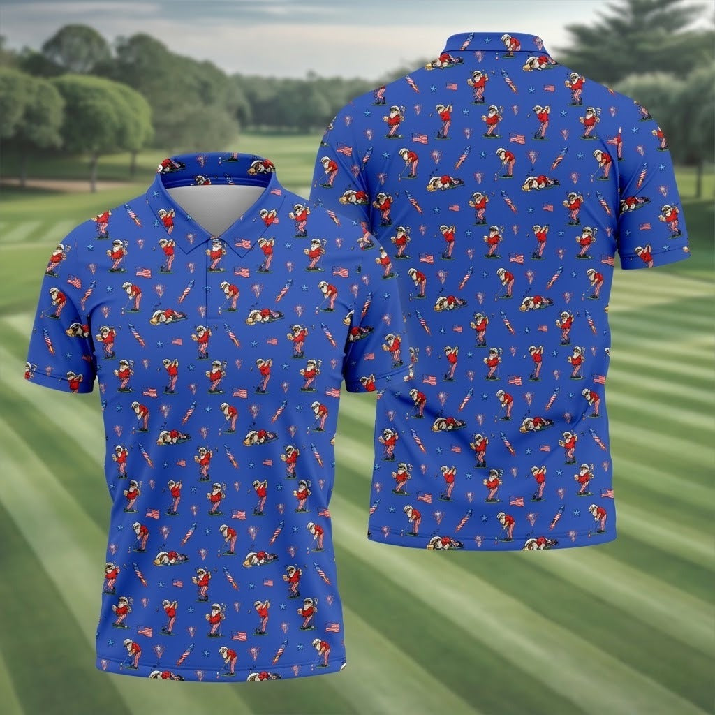 Funny Uncle Sam Golfing & Beer Blue Polo Shirt - Patriotic 4th of July Men's Golf Shirt, 250th Anniversary All-Over Print