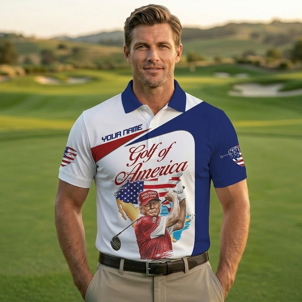Custom Name Trump Golf of America Polo Shirt - MAGA Make America Great Again Men's Golf Shirt, Patriotic Trump Golfing Apparel