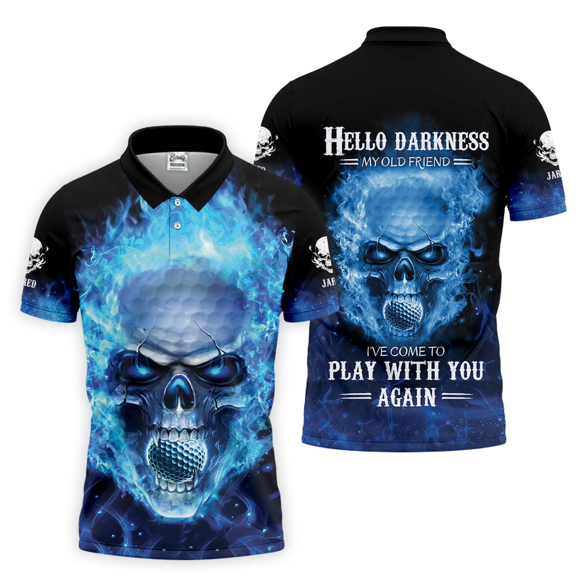 Hello Darkness My Old Friend Blue Flame Skull Golf Polo ShirtGolf Apparel, Golf Gift For Men