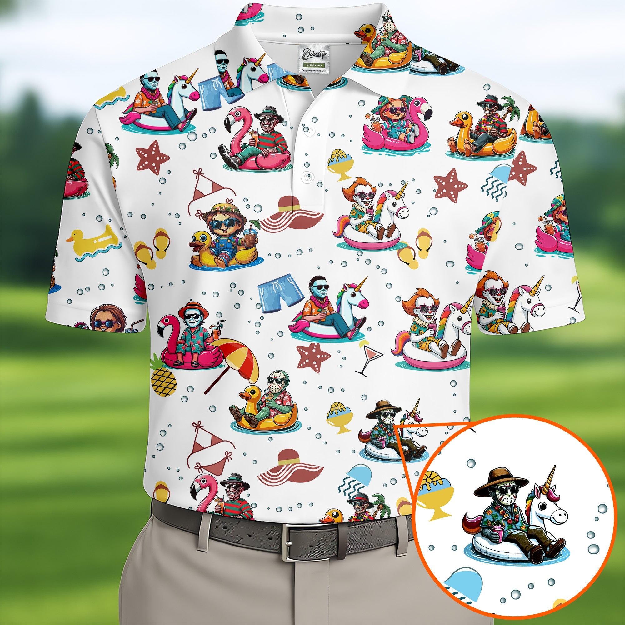 Halloween Summer Men's Polo ShirtHorror Character Shirt, Fun Golf Polos, Funny Halloween Shirt