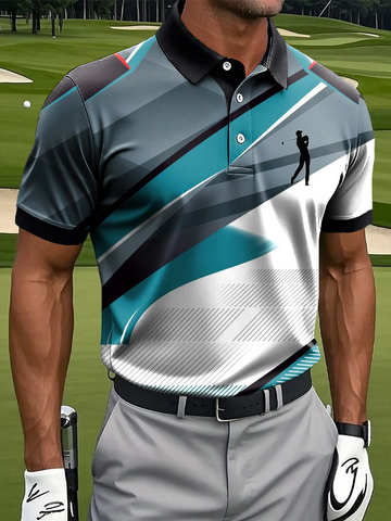 Retro Geometric Color Block Golf Tops For Men, Polo ShirtFor Men, Golf Gift For Men
