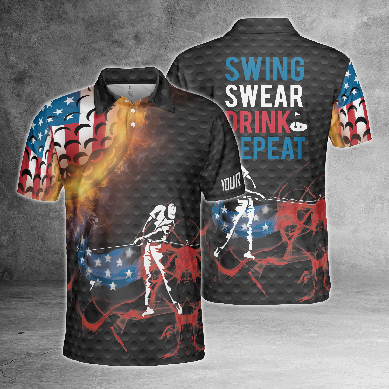 Swing Swear Drink Repeat American Flag Custom Name Golf Polo Shirtlf Gift For Men, Golfing Apparel