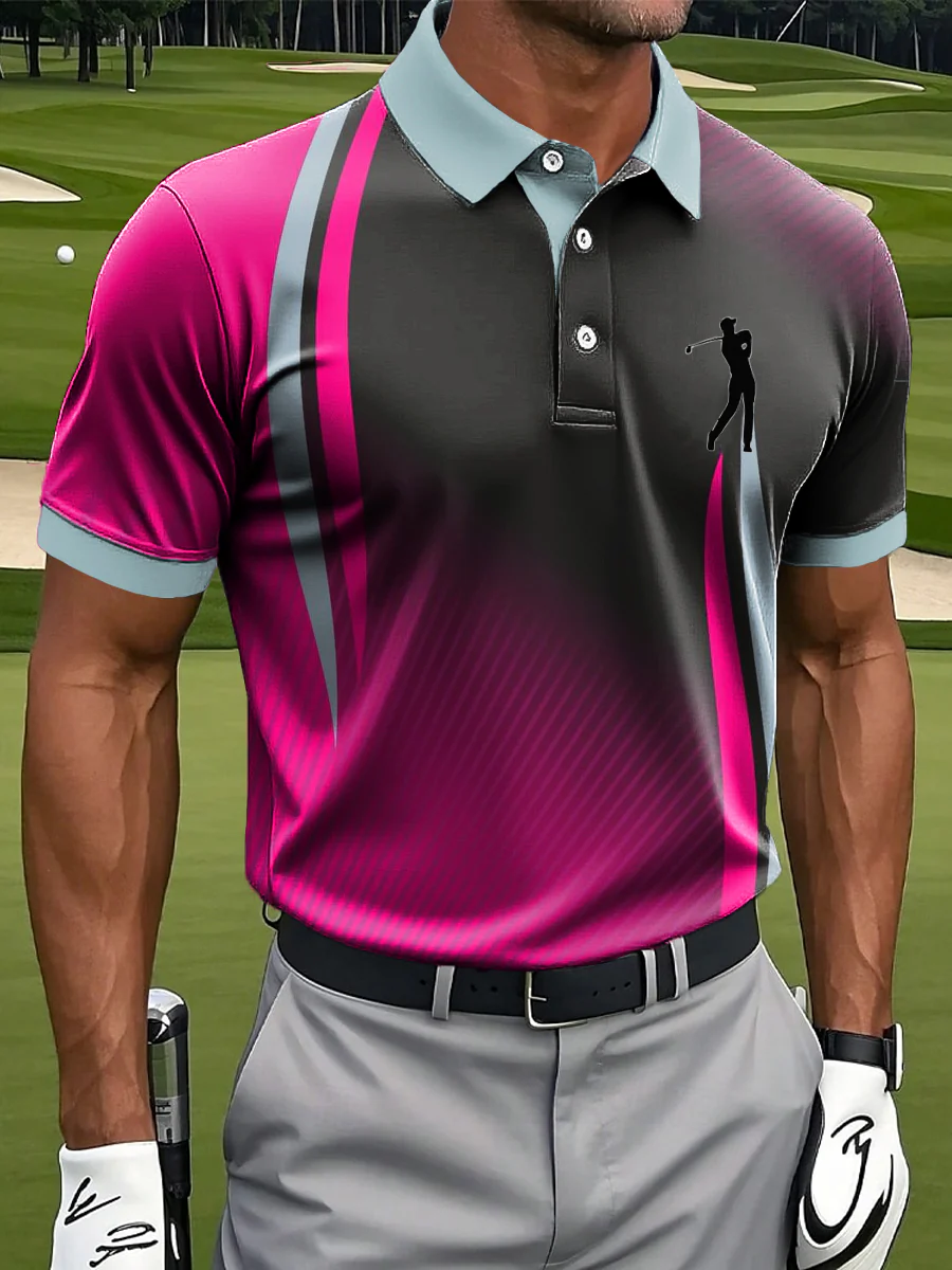 Men's Retro Line Splicing Art Print Casual Business Polo Shirto ShirtFor Men, Golf Gift For Men