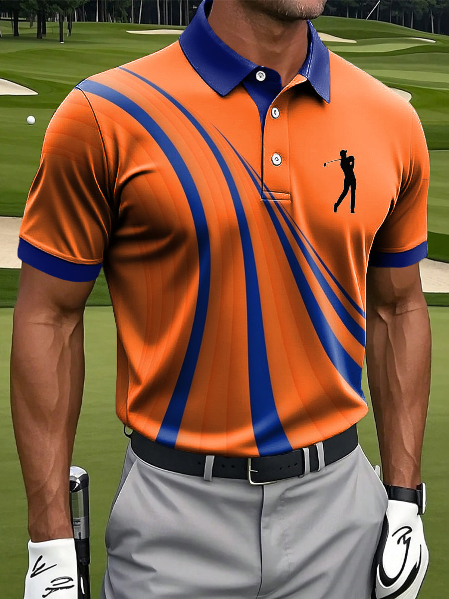Retro Orange Abstract Line Art Print Casual Business Polo ShirtPolo ShirtFor Men, Golf Gift For Men