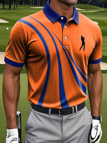 Retro Orange Abstract Line Art Print Casual Business Polo ShirtPolo ShirtFor Men, Golf Gift For Men