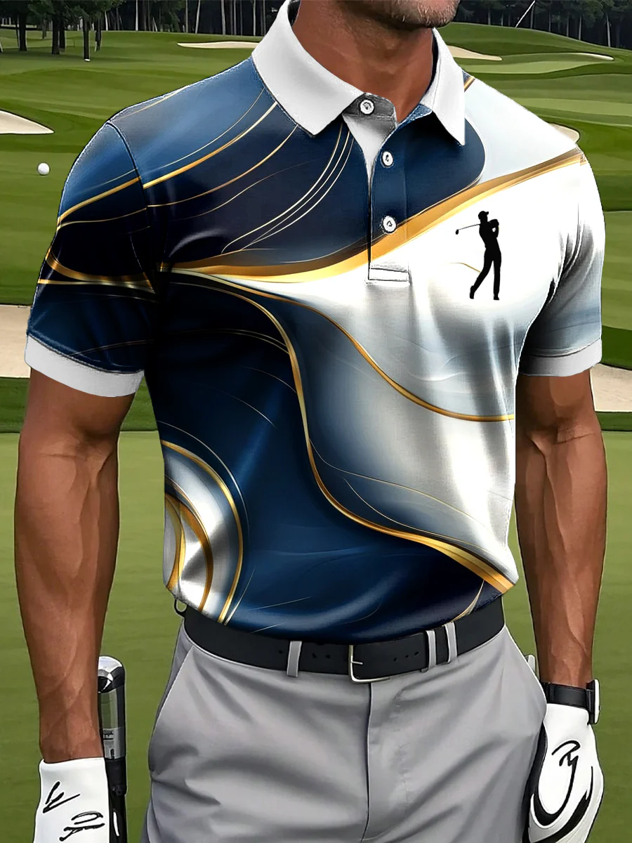 Men's Retro Classic Line Texture Art Print Casual Business Polo ShirtPolo ShirtFor Men, Golf Gift For Men