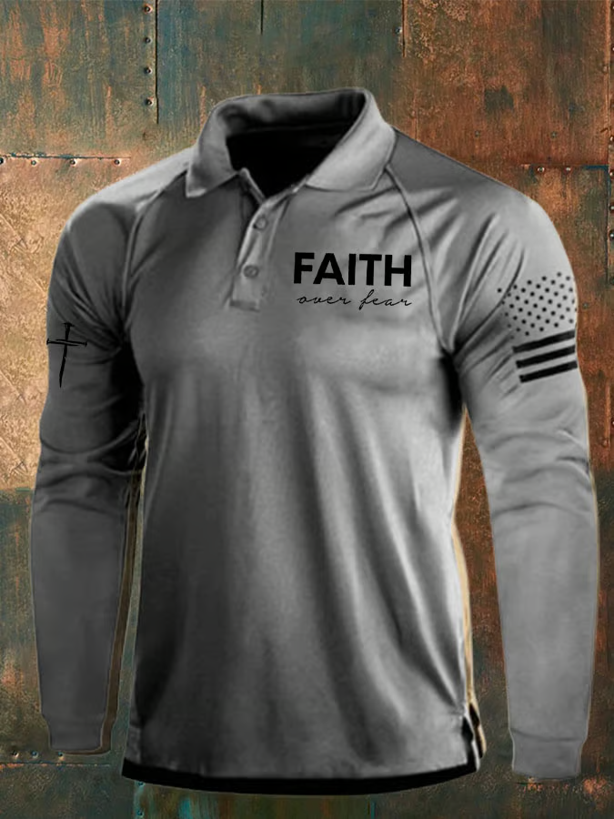 Faith Over Fear Vintage American Flag Polo ShirtFor Men, Patriotic Golf Shirts, Long Sleeve Polo Shirt
