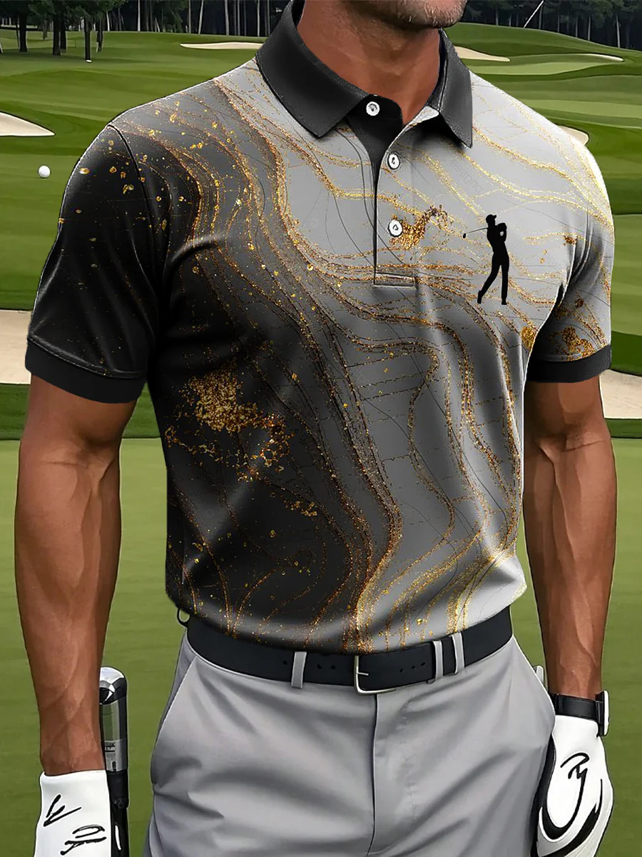 Vintage Gradient Gold Textured Art Print Casual Business Polo ShirtPolo ShirtFor Men, Golf Gift For Men