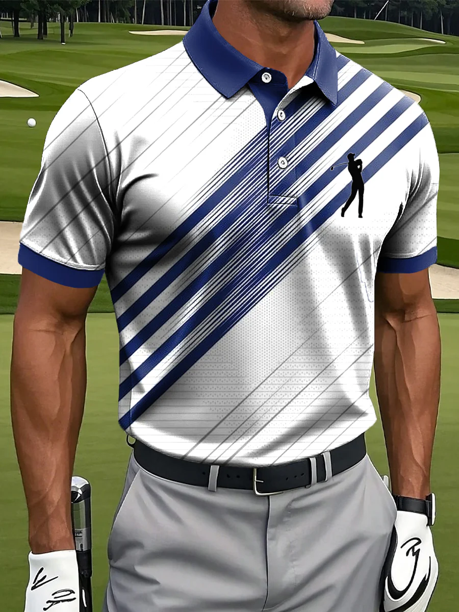 Abstract Gradient Stripe Art Print Casual Business Polo Shirto ShirtFor Men, Golf Gift For Men