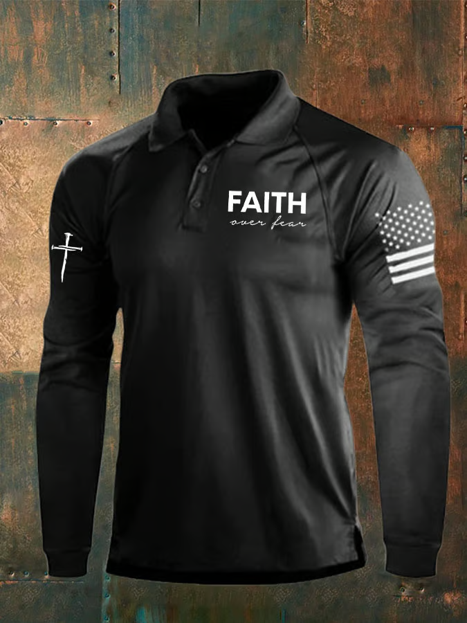 Faith Over Fear Vintage American Flag Polo ShirtFor Men, Patriotic Golf Shirts, Long Sleeve Polo Shirt
