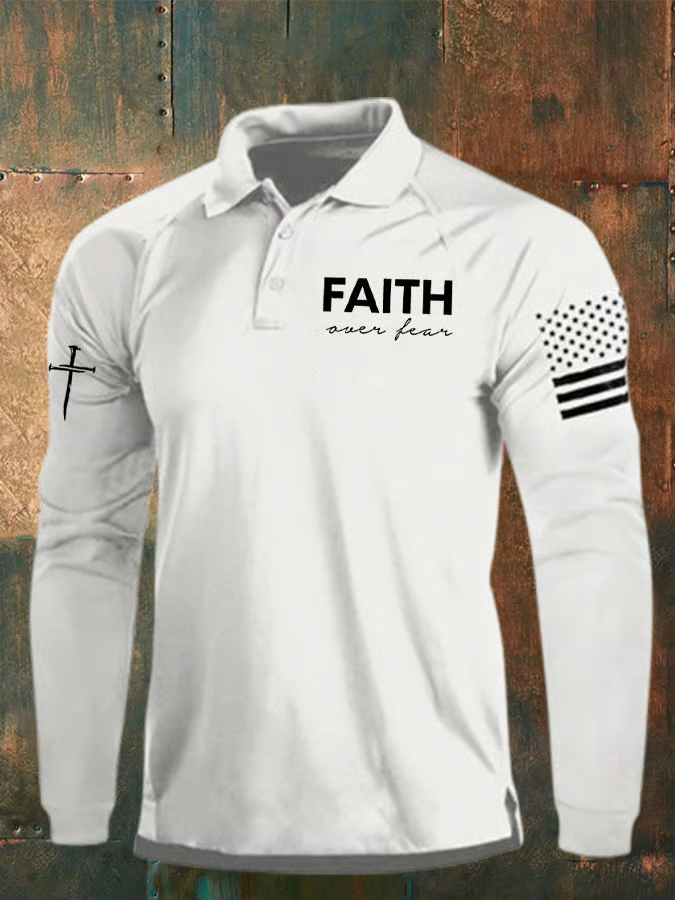 Faith Over Fear Vintage American Flag Polo ShirtFor Men, Patriotic Golf Shirts, Long Sleeve Polo Shirt