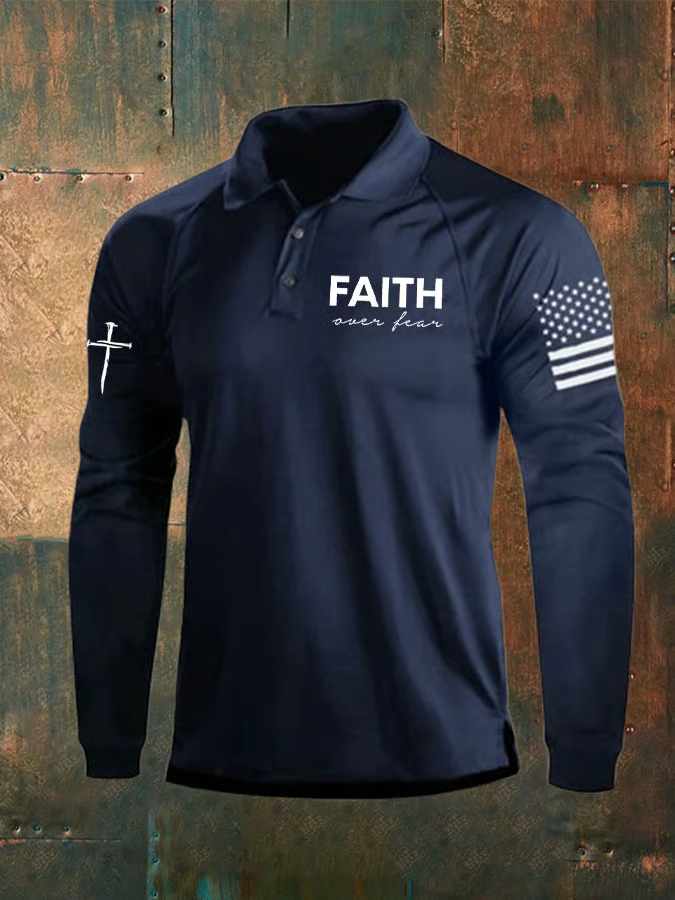 Faith Over Fear Vintage American Flag Polo ShirtFor Men, Patriotic Golf Shirts, Long Sleeve Polo Shirt