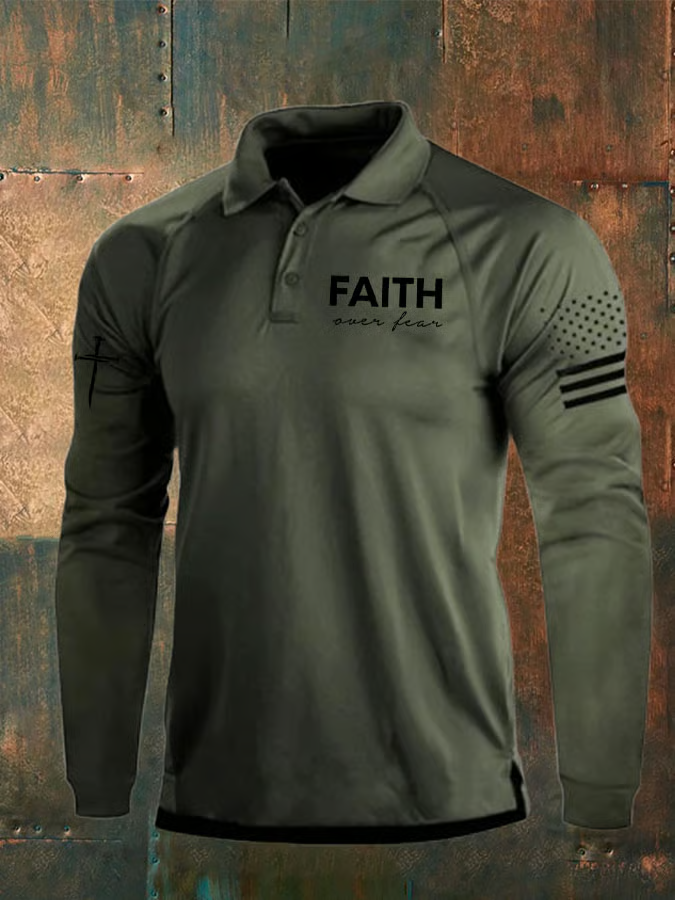 Faith Over Fear Vintage American Flag Polo ShirtFor Men, Patriotic Golf Shirts, Long Sleeve Polo Shirt