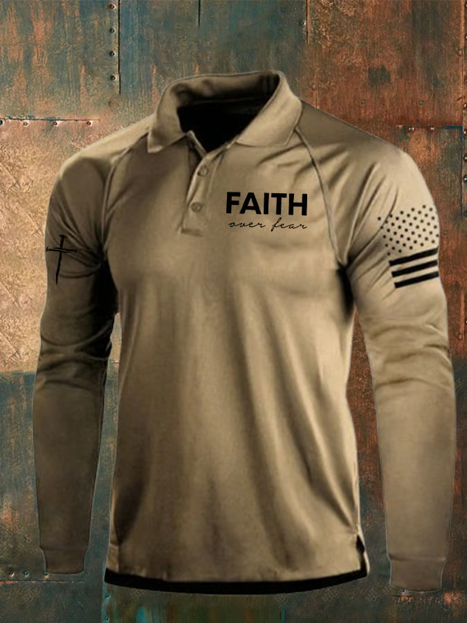 Faith Over Fear Vintage American Flag Polo ShirtFor Men, Patriotic Golf Shirts, Long Sleeve Polo Shirt