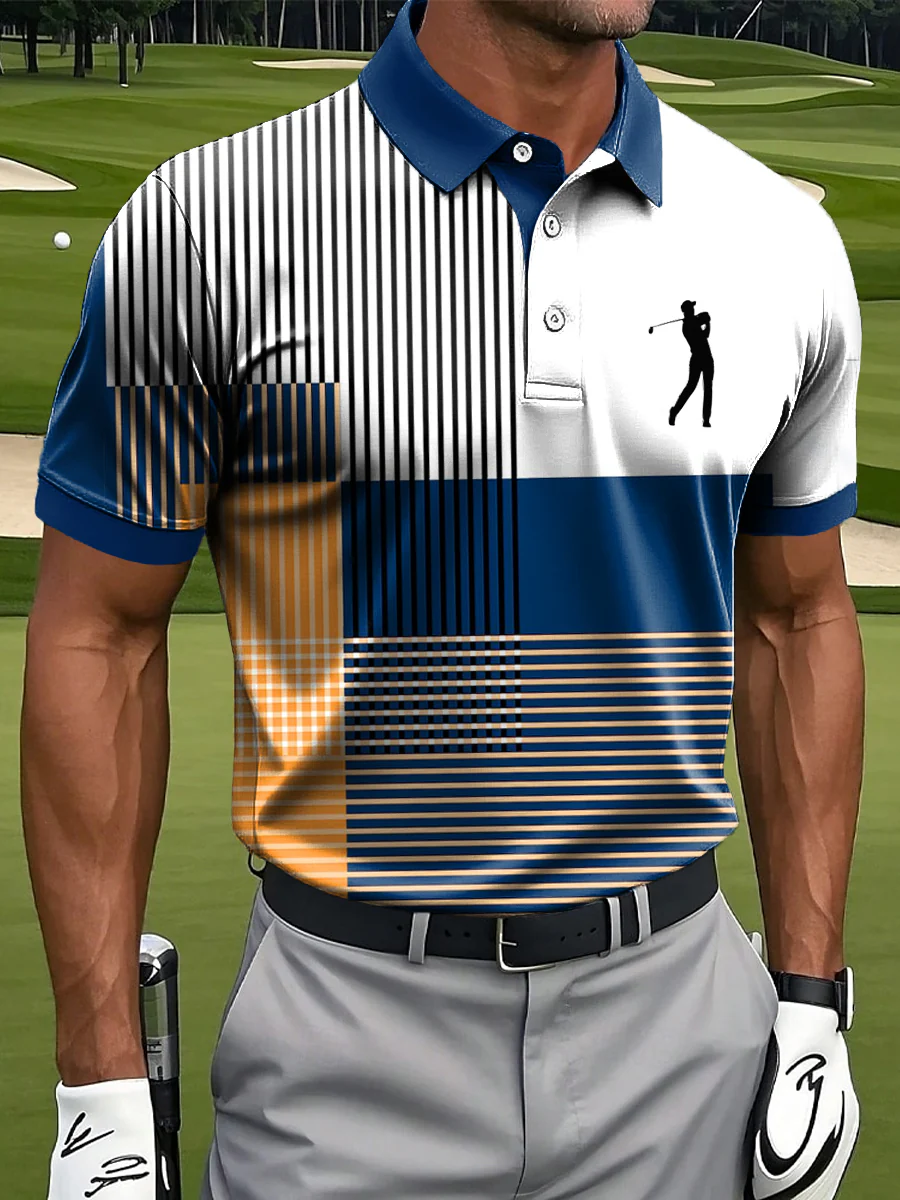 Classic Stripe Patchwork Art Print Casual Business Polo ShirtPolo ShirtFor Men, Golf Gift For Men