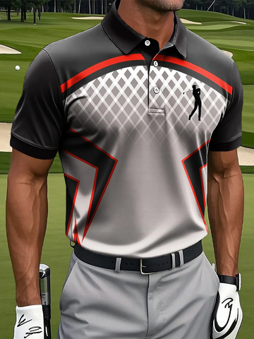 Gradient Geometric Patchwork Print Casual Business Polo ShirtPolo ShirtFor Men, Golf Gift For Men