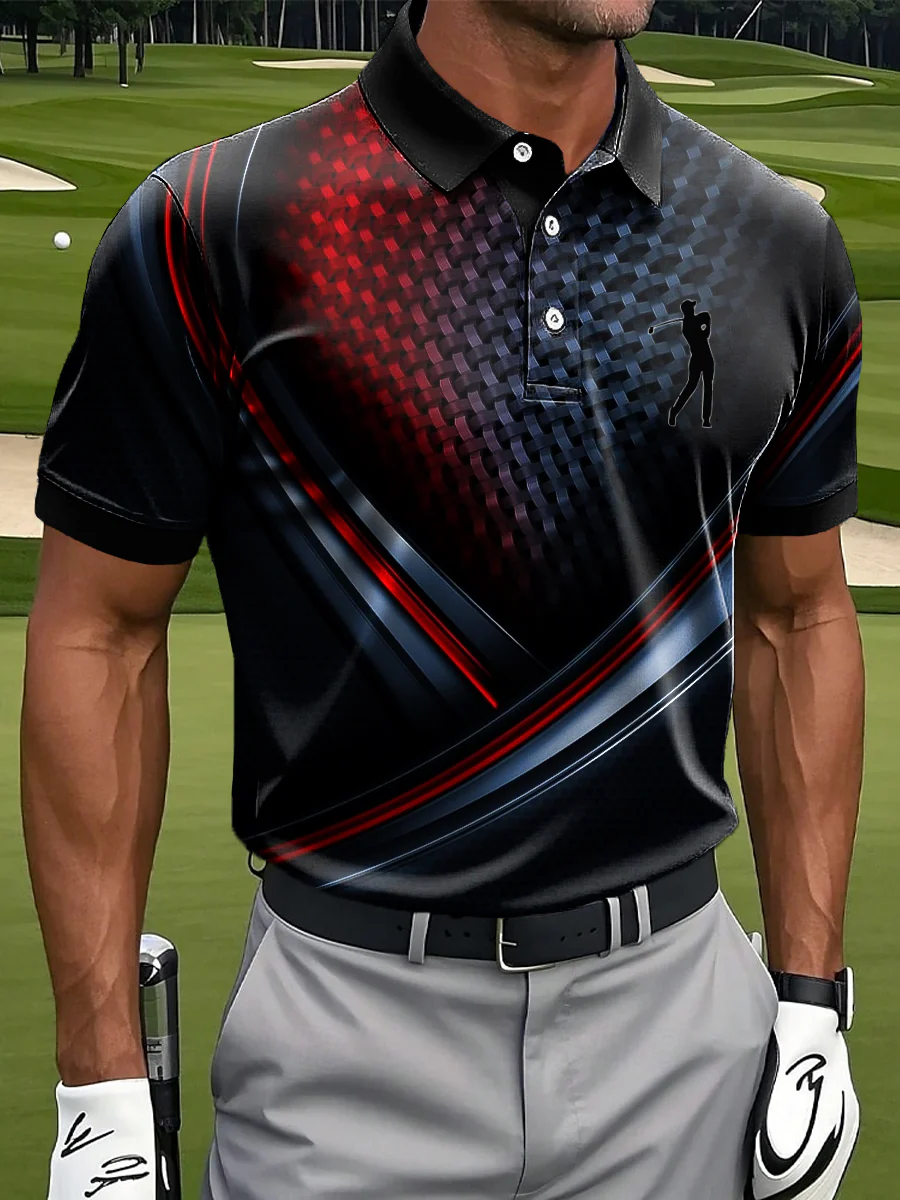 Geometric Gradient Stripe Art Print Casual Business Polo ShirtPolo ShirtFor Men, Golf Gift For Men