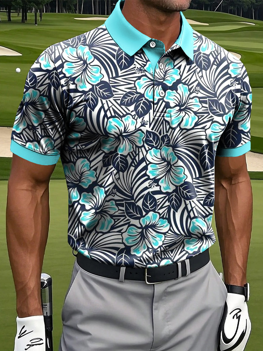 Hawaiian Tropical Floral Art Print Casual Business Polo ShirtPolo ShirtFor Men, Golf Gift For Men