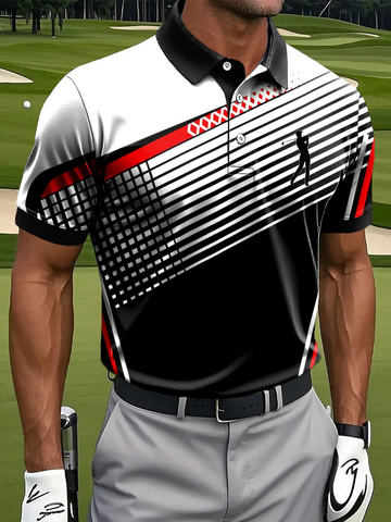 Irregular Line Patchwork Art Print Casual Business Polo ShirtPolo ShirtFor Men, Golf Gift For Men
