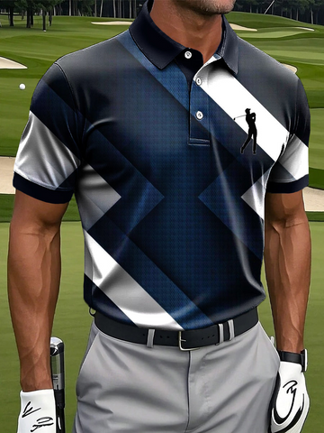 Abstract Geometric Color Block Art Print Casual Business Polo Shirto ShirtFor Men, Golf Gift For Men