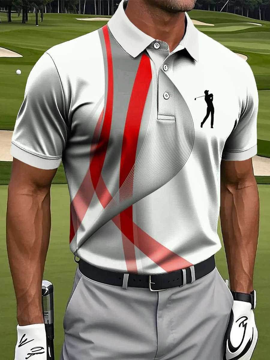 Retro Abstract Red Line Golf Tops For Men, Polo ShirtFor Men, Golf Gift For Men