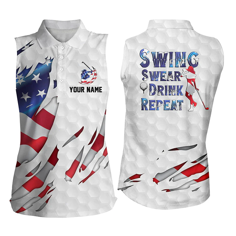 Custom Name Swing Swear Drink Repeat American Flag Polo Shirt, Golf Shirt For Women, Ladies Golf Polos