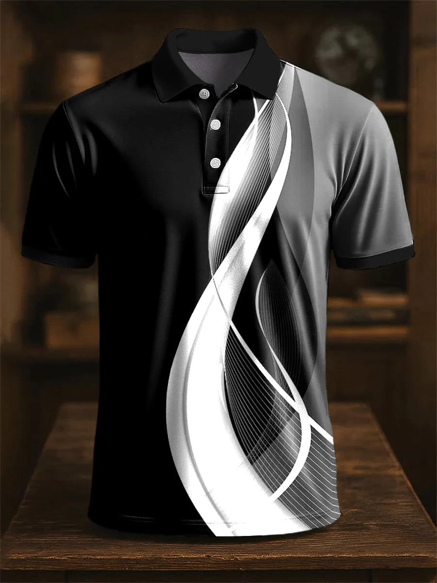 Vintage Art Abstract Irregular Line Texture Printing Casual Business Polo ShirtGolf Gift For Men