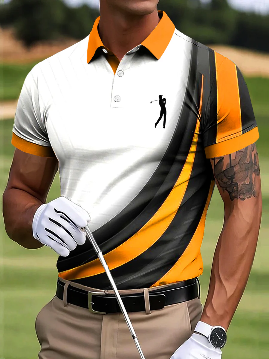 Striped Textured Patchwork Artistic Print Casual Business Polo ShirtPolo ShirtFor Men, Golf Gift For Men