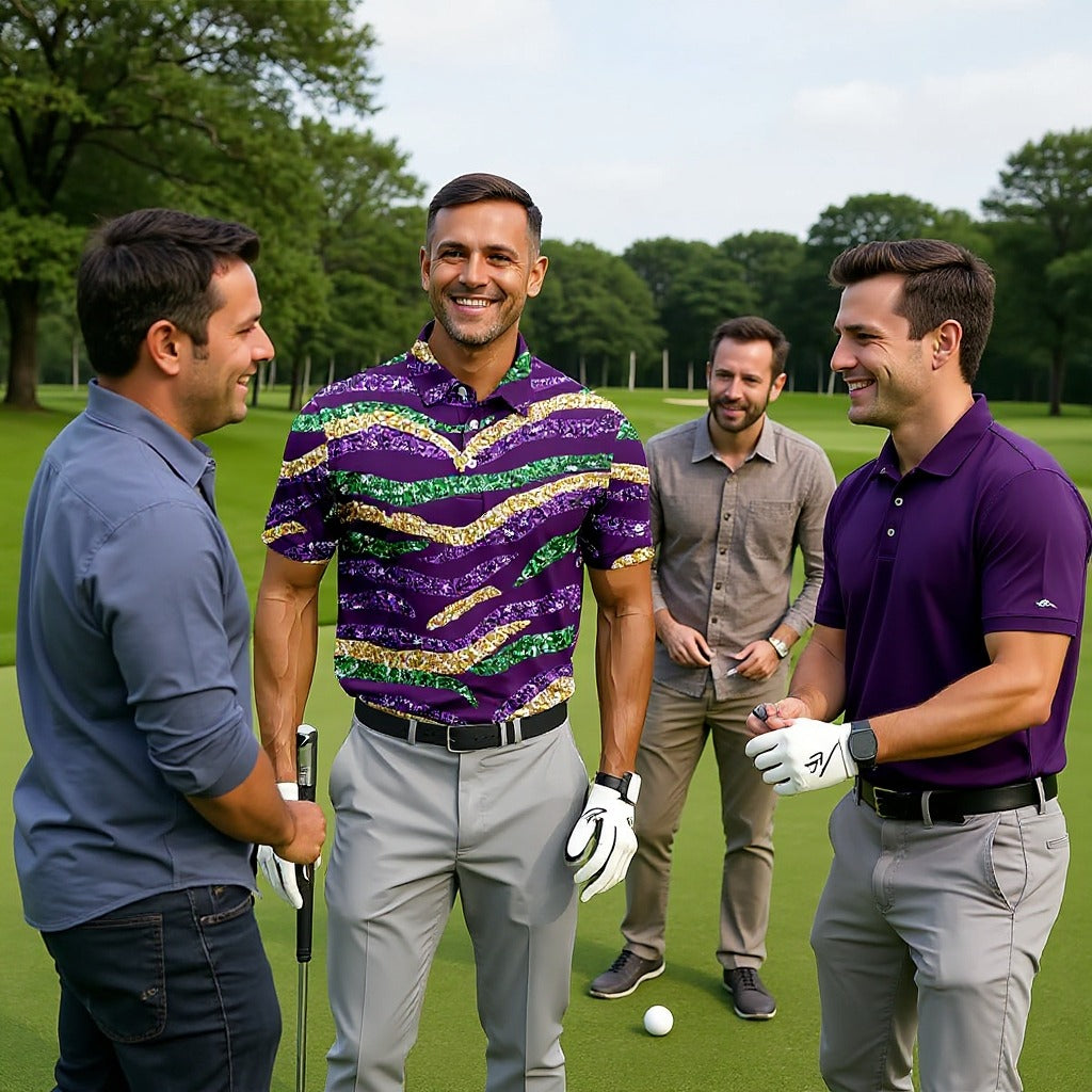 Purple Green Gold Sequin Pattern Purple Golf Shirt, Mardi Gras Golf Shirt, Polo ShirtFor Men