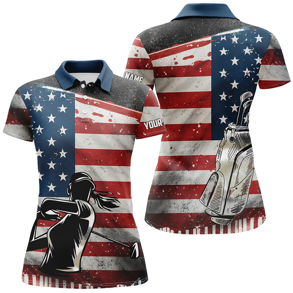 Custom Name American Flag Patriotic 4th Of July Women Polo Shirt, Golf Shirt For Women, Ladies Golf Polos
