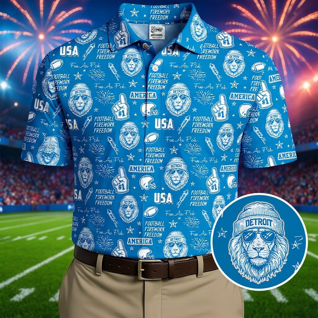 Cool Lion Football Freedom Blue Polo ShirtAmerican Football League Gift Ideas For Football Fans