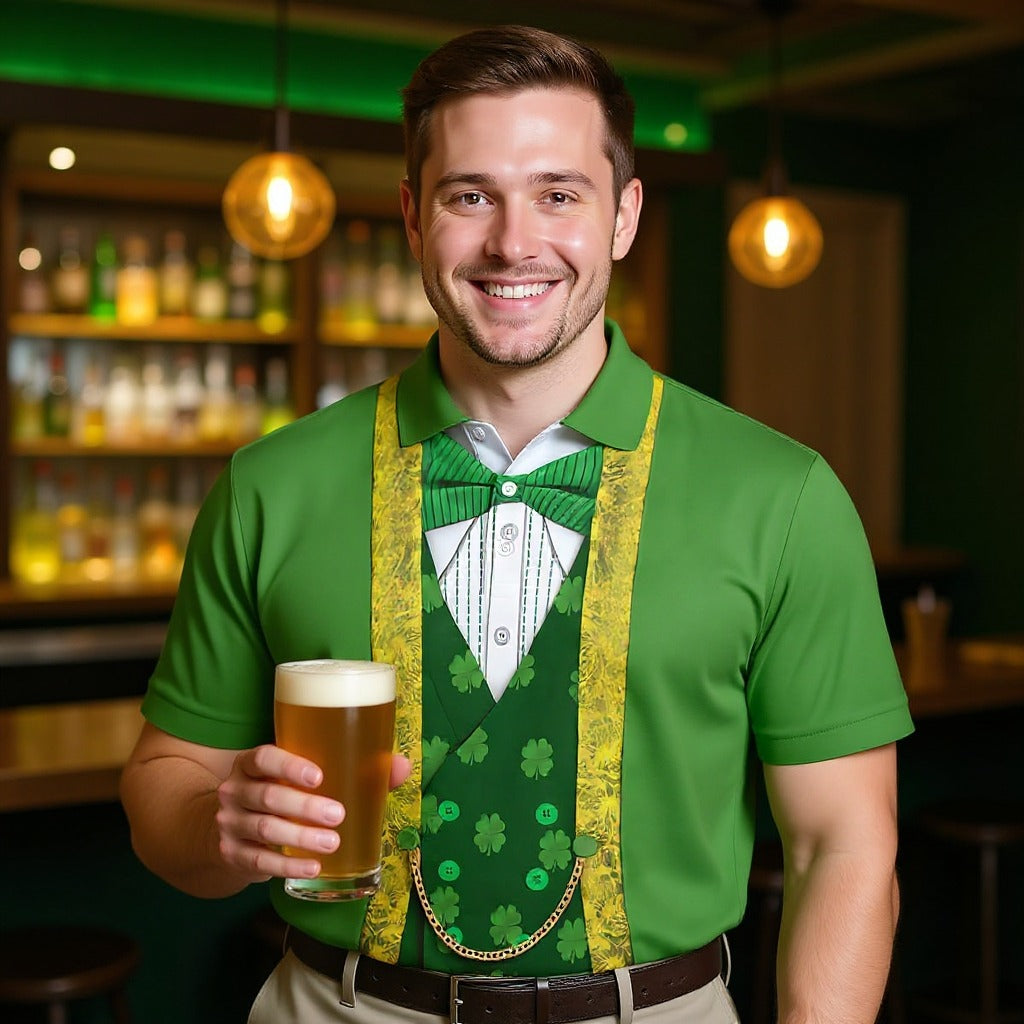 St Patrick's Day Leprechaun Costume Print Golf Tops For Men, Polo ShirtFor Men, Golf Shirts For Men