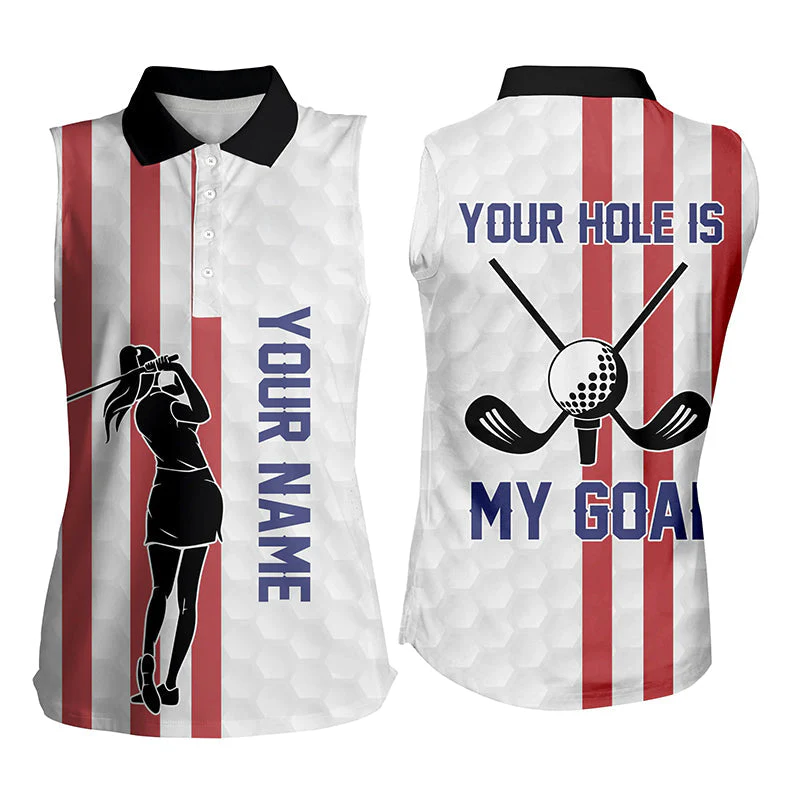 Custom Name Your Hole Is My Goal American Flag Polo Shirt, Golf Shirt For Women, Ladies Golf Polos