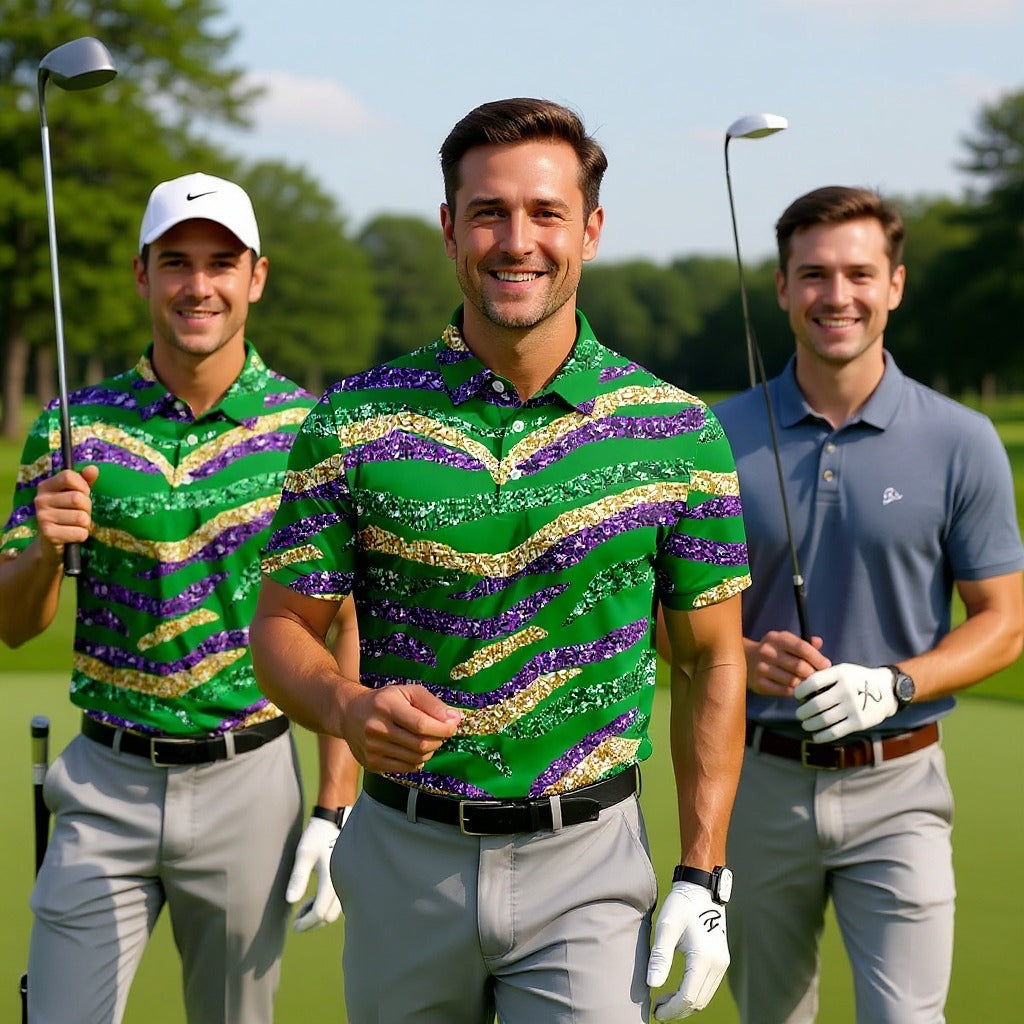 Purple Green Gold Sequin Pattern Green Golf Shirt, Mardi Gras Golf Shirt, Polo ShirtFor Men