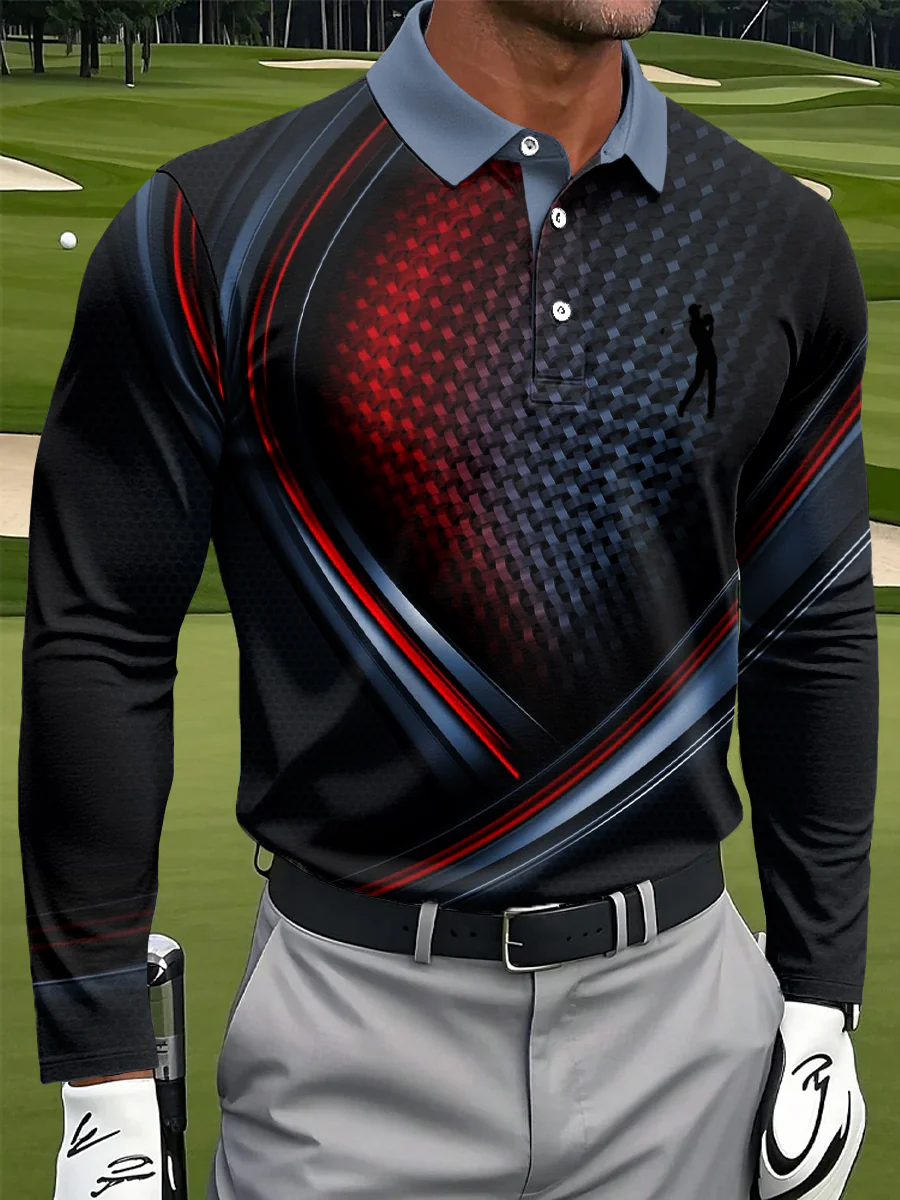 Geometric Gradient Stripe Print Casual Business Polo ShirtPolo ShirtFor Men, Golf Gift For Men