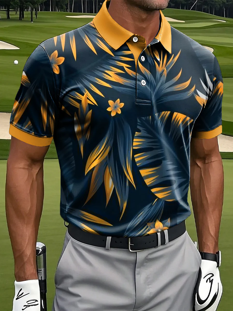 Hawaiian Tropical Palm Leaf Art Print Casual Business Polo ShirtPolo ShirtFor Men, Golf Gift For Men