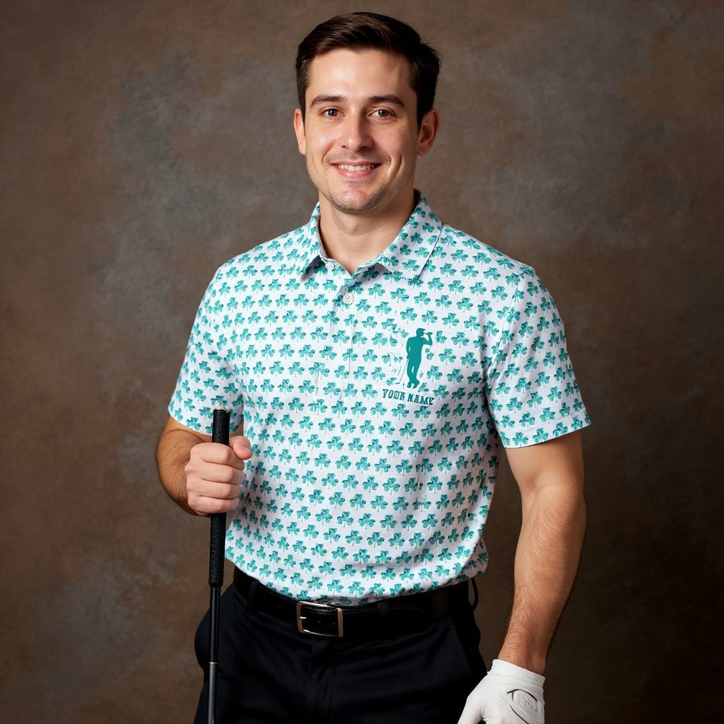 St Patrick's Day Shamrock Golf And Beer Blue And White Golf Shirt, Polo ShirtFor Men, Golf Shirts For Men