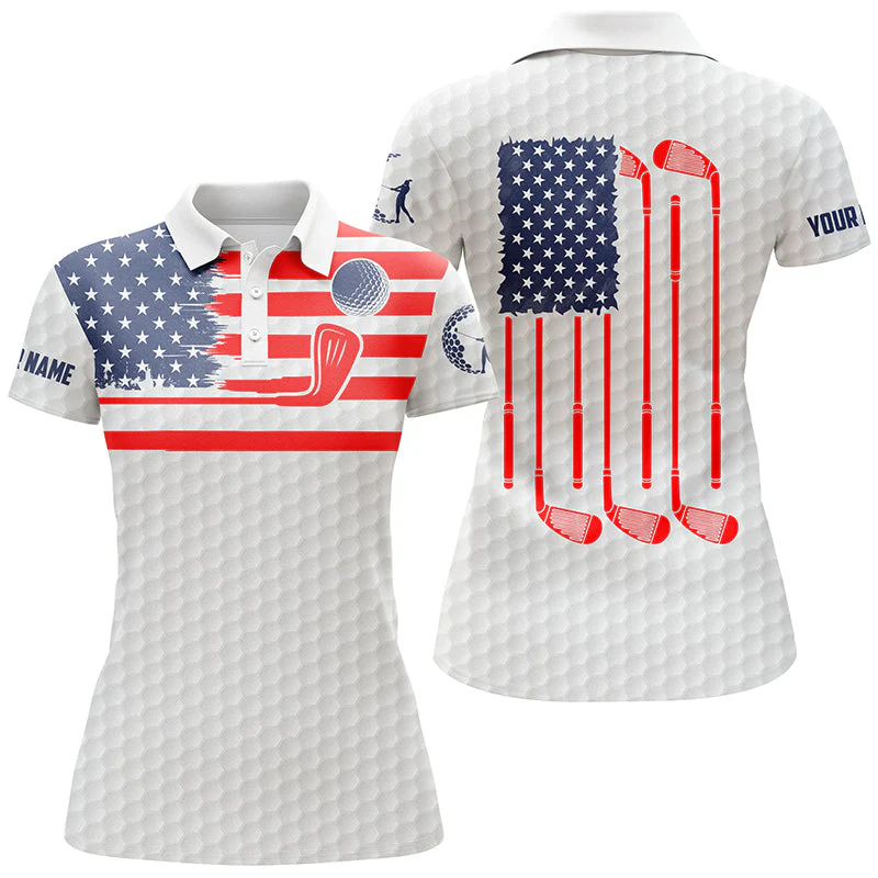 Custom Name American Flag Patriotic White Polo ShirtGolf Shirt For Women, Ladies Golf Polos