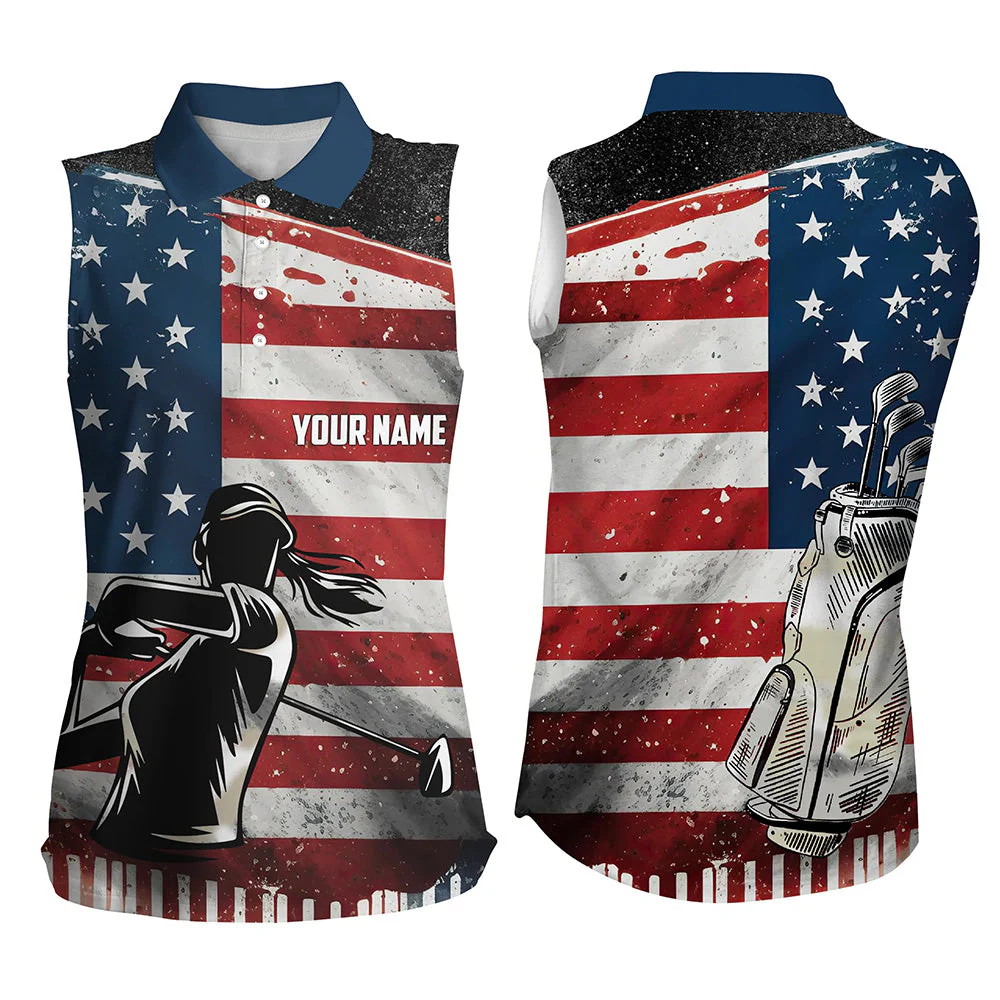 Custom Name American Flag Patriotic 4th Of July Women Polo Shirt, Golf Shirt For Women, Ladies Golf Polos